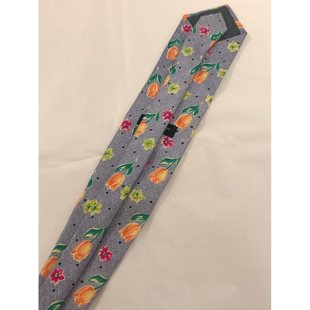 Marks & Spencer Mens Silk Tie Blue‎ Grey Orange Tulip Floral Polka Dot Print - Picture 8 of 8